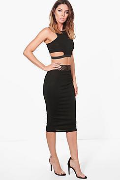 Boohoo Lara High Waist Lattice Detail Midi Skirt