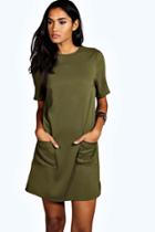 Boohoo Tall Isabella Double Pocket Shift Dress Khaki