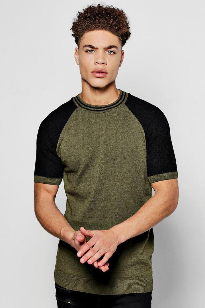 Boohoo Short Sleeve Crew Neck Knitted Raglan T Shirt Olive