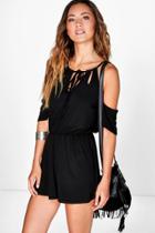 Boohoo Rose Cut Shoulder Playsuit Black