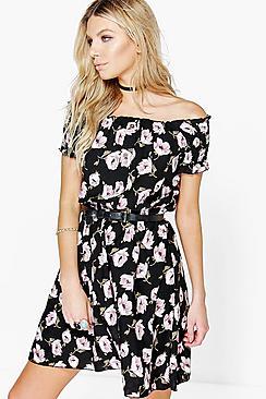 Boohoo Indra Floral Off The Shoulder Woven Dress