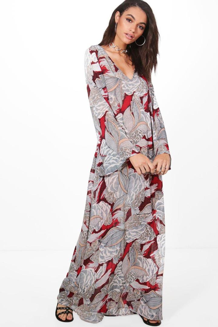 Boohoo Ida Angel Sleeve Tropical Print Maxi Dress Red