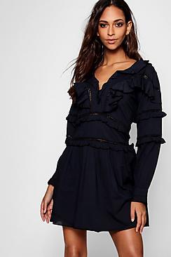 Boohoo Tiff Ruffle Crochet Trim Detail A Line Dress