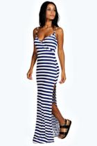 Boohoo Emily Stripe Wrap Front Maxi Dress Navy