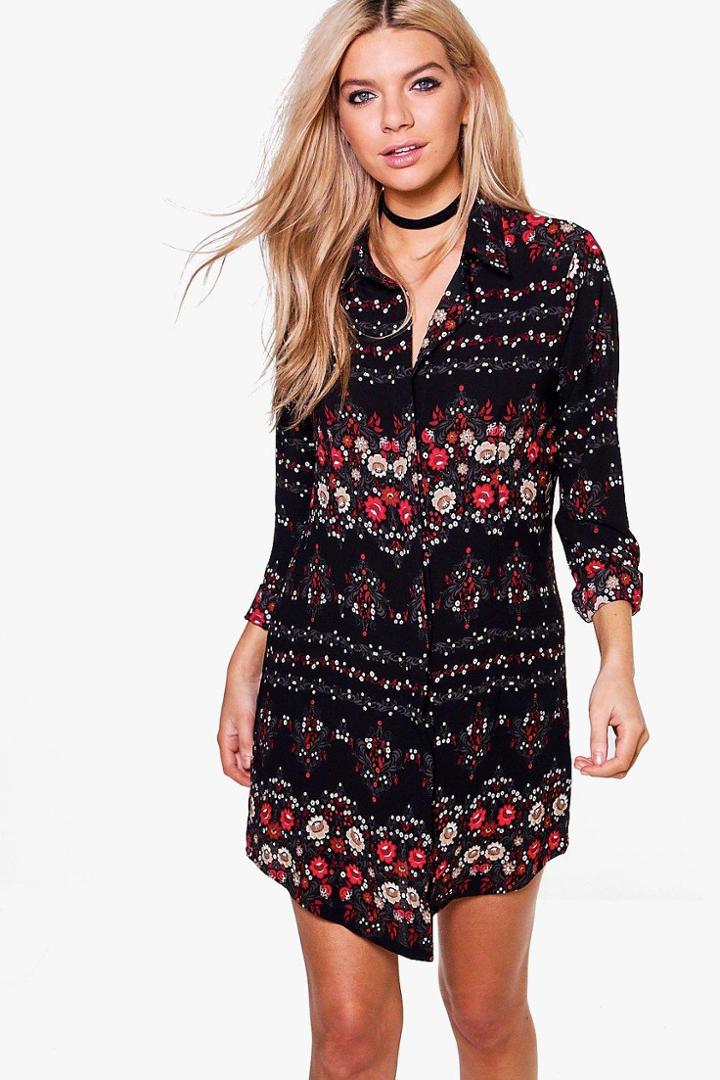 Boohoo Jelena Floral Print Shirt Dress Black
