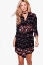 Boohoo Jelena Floral Print Shirt Dress Black