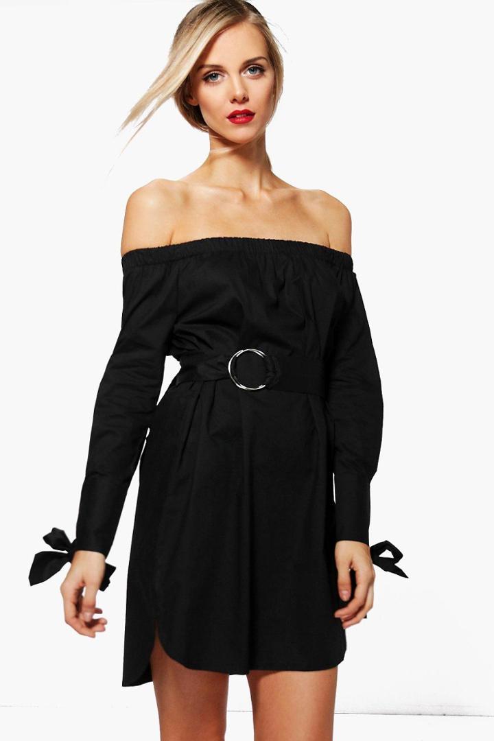 Boohoo Ava Off Shoulder O-ring Belted Shift Dress Black
