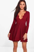 Boohoo Frey Long Sleeved Scallop Plunge Skater Dress Berry
