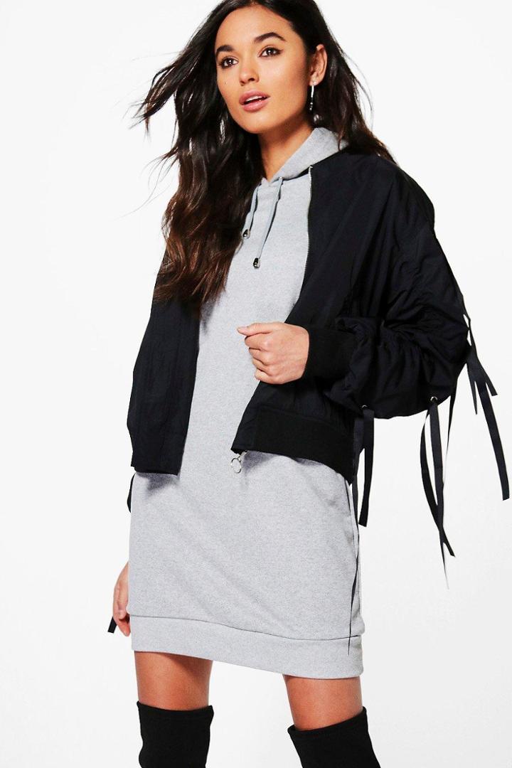 Boohoo Jessica Lace Up Sleeve Sporty Bomber Jacket Black