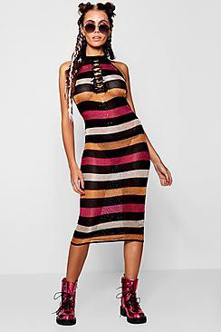 Boohoo Megan Metallic Knitted Colour Block Midi Dress