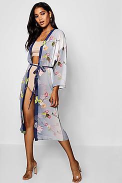 Boohoo Hallie Floral Belted Chiffon Kimono
