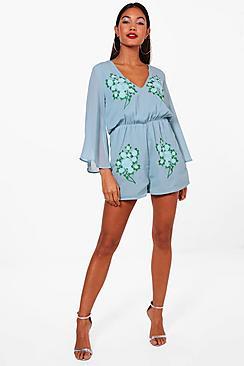 Boohoo Flare Sleeve Embroidered Playsuit