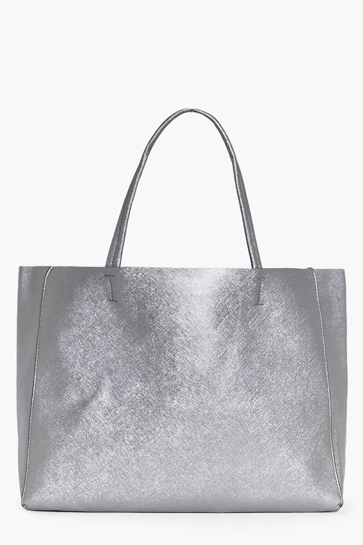 Boohoo Cerys Metallic Oversized Shopper Holdall Pewter