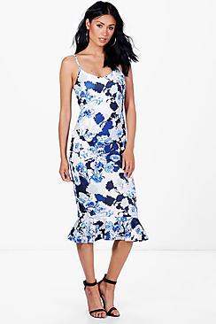 Boohoo Mel Peplum Hem Blue Print Midi Dress