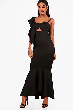 Boohoo Frill Shoulder Fish Tail Maxi Dress