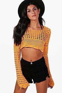 Boohoo Crochet Bell Sleeve Crop Knit