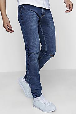 Boohoo Skinny Mid Blue Jeans With Distressed Knees