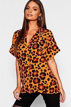 Boohoo Leopard Button Through Collar Blouse