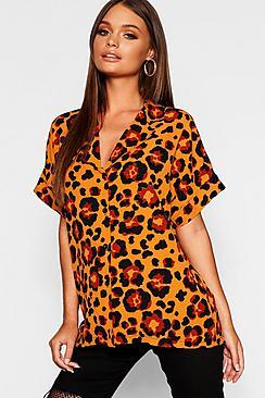 Boohoo Leopard Button Through Collar Blouse