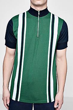 Boohoo Tyga Vertical Stripe Funnel Zipper Polo