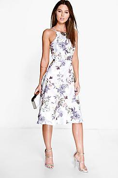 Boohoo Mina Floral Print Strappy Full Skater Dress