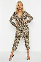 Boohoo Leopard Print Collared Wrap Belted Jumpsuit
