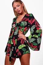 Boohoo Tropical Tie Front Flare Sleeve Playsuit