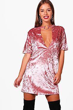 Boohoo Petite Detail Velvet Shift Dress