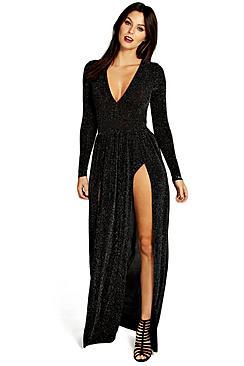 Boohoo Kiera Metallic Thigh Split Plunge Maxi Dress