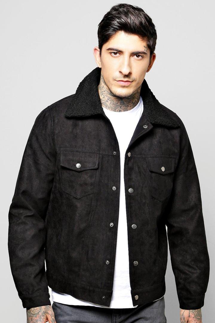 Boohoo Suedette Trucker Jacket With Borg Collar Black