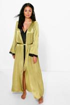 Boohoo Ellie Lace Sleeve Satin Maxi Kimono Robe Khaki