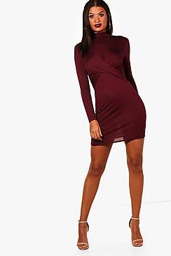 Boohoo Saffron Knot Front Long Sleeved Mini Dress