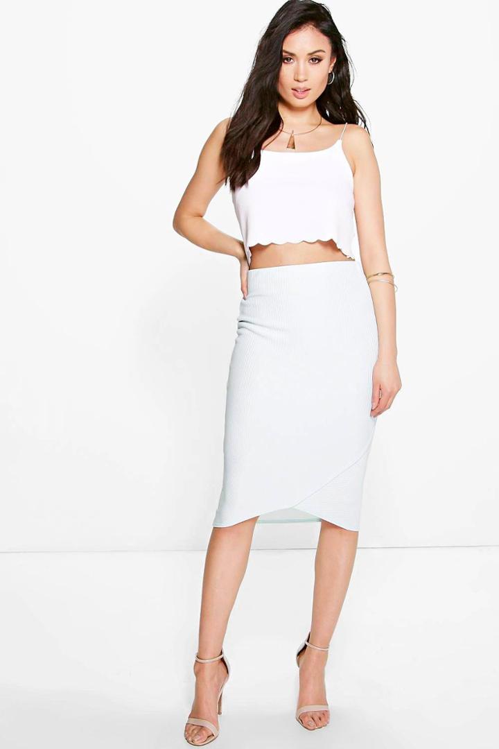 Boohoo Theo Curved Hem Ribbed Midi Skirt Mint