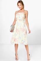 Boohoo Lorelai Pleated Floral Print Strappy Midi Dress Cream