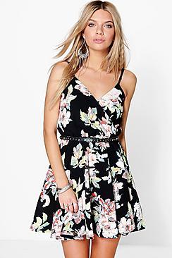 Boohoo Cammi Floral Wrap Skater Dress