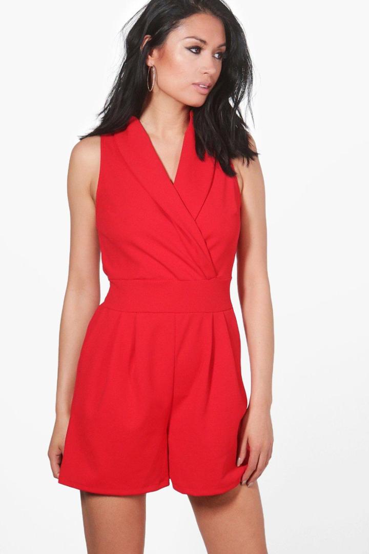Boohoo Beth Tuxedo Style Palysuit Red