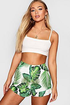 Boohoo Amber Ruffle Hem Palm Print Shorts