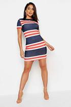 Boohoo Nautical Stripe Rib Slash Neck Mini Dress