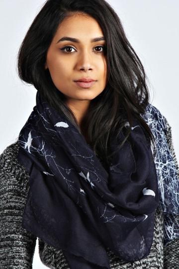 Boohoo Laura Woodland Lime Print Scarf - Navy