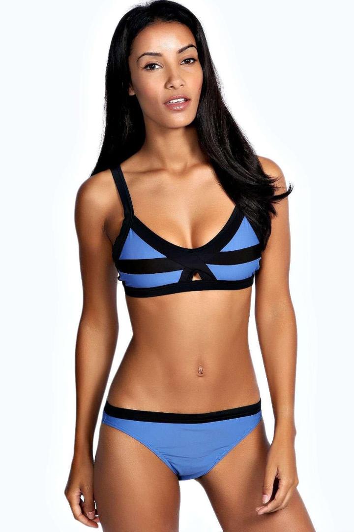 Boohoo Haiti Contrast Trim Cut Out Front Bikini Cobalt