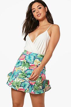 Boohoo Abbie Palm Print Ruffle Hem Mini Skirt