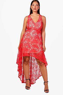 Boohoo Plus Carly Crochet Lace Dip Hem Skater Dress