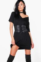 Boohoo Elyse Corset Belt 2 In 1 V Neck T-shirt Dress Black