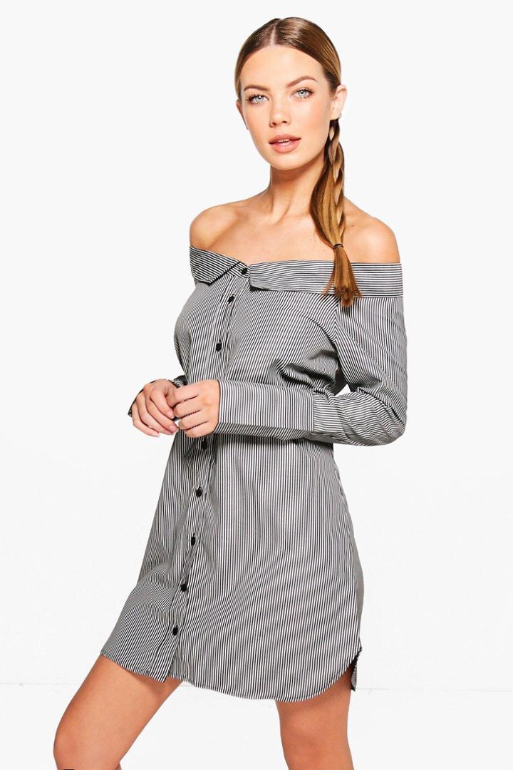 Boohoo Louise Stripe Off Shoulder Shirt Dress Black
