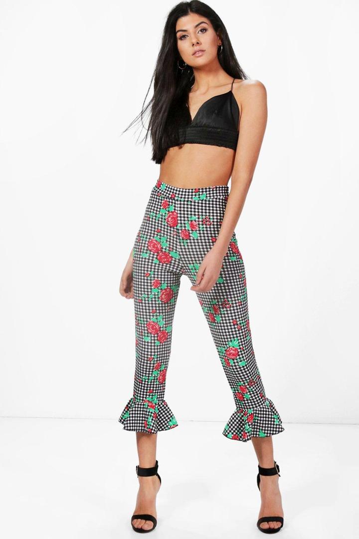 Boohoo Gabriela Gingham Floral Skinny Trousers Black