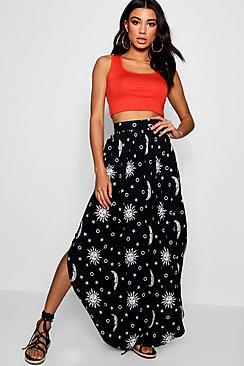 Boohoo Beth Woven Moon Print Split Maxi Skirt