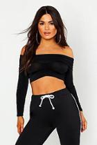 Boohoo Slinky Ruched Off The Shoulder Long Sleeve Top