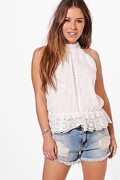 Boohoo Petite Lucy Halterneck Embroidery Anglaise Top