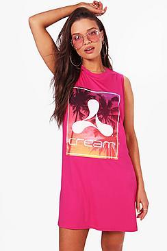 Boohoo Emma Cream Ibiza Slogan T-shirt Dress
