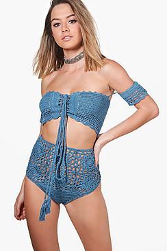 Boohoo Petite Keely Crochet Bardot And Hot Pant Co-ord